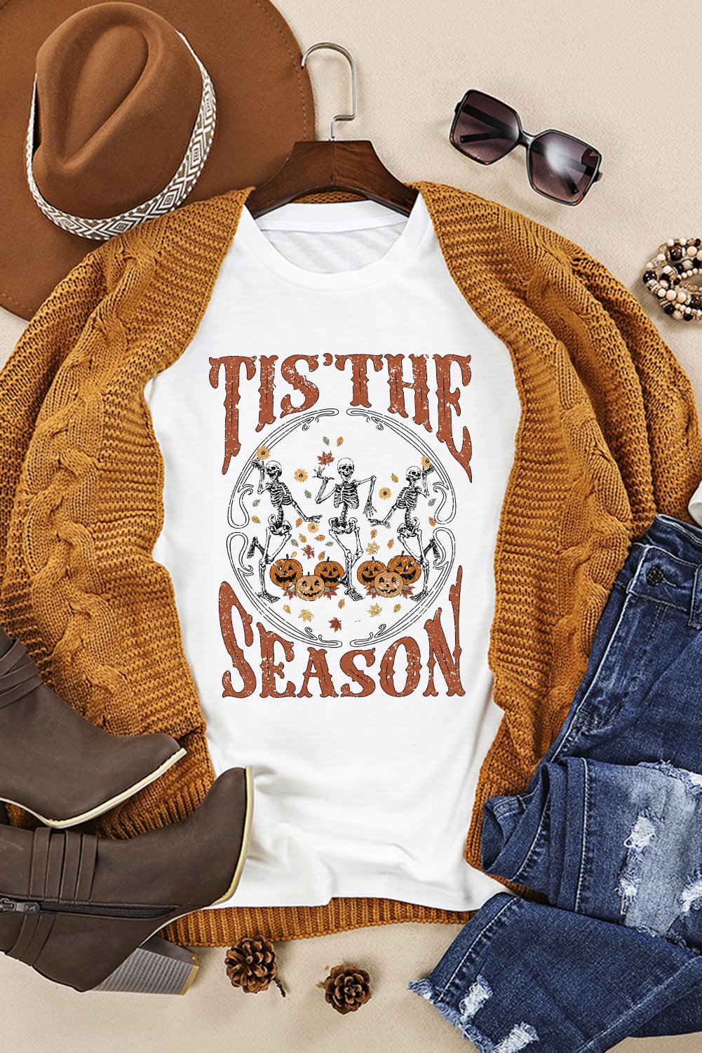 White Halloween Season Dancing Skeleton Graphic Tee
