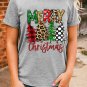 Gray Merry Christmas Tree Pattern Print Crew Neck Graphic Tee