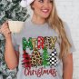 Gray Merry Christmas Tree Pattern Print Crew Neck Graphic Tee