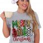 Gray Merry Christmas Tree Pattern Print Crew Neck Graphic Tee