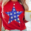Red Sequin Star Graphic Crewneck T Shirt