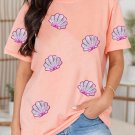 Pink Sequin Shell Graphic Round Neck T Shirt