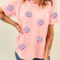 Pink Sequin Shell Graphic Round Neck T Shirt