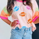 Pink Rugby Chenille Embroidered Color Block Half Sleeve T Shirt