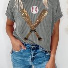 Medium Grey Sequin Baseball Pattern Corded Crewneck T Shirt
