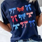 Blue Diverse Bowknot Print Independent Day Graphic Tee