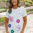 White Sequined Flower Pattern Round Neck T Shirt