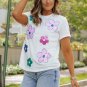 White Sequined Flower Pattern Round Neck T Shirt