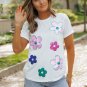 White Sequined Flower Pattern Round Neck T Shirt
