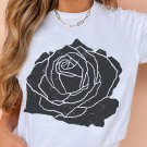 White Large Rose Print Round Neck T Shirt