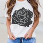 White Large Rose Print Round Neck T Shirt