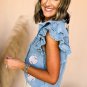 Beau Blue Sequin Baseball Graphic Button Up Ruffled Sleeve Frayed Denim Top