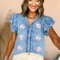 Beau Blue Sequin Baseball Graphic Button Up Ruffled Sleeve Frayed Denim Top