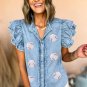 Beau Blue Sequin Baseball Graphic Button Up Ruffled Sleeve Frayed Denim Top