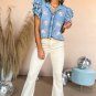 Beau Blue Sequin Baseball Graphic Button Up Ruffled Sleeve Frayed Denim Top