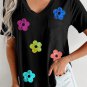 Black Sequined Flower Pocketed V Neck T Shirt