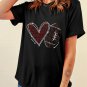 Black Rhinestone Rugby Heart Shape Graphic Crewneck T Shirt