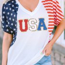 White Chenille USA Stars and Stripes Printed V Neck T Shirt