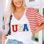 White Chenille USA Stars and Stripes Printed V Neck T Shirt
