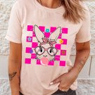 Pink Easter Rabbit Checkered Flower Print O-neck T Shirt