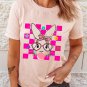 Pink Easter Rabbit Checkered Flower Print O-neck T Shirt