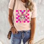 Pink Easter Rabbit Checkered Flower Print O-neck T Shirt