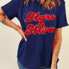 Blue Chenille Stars and Stripes Patched Graphic T Shirt