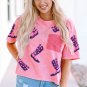 Pink Western Boots Sequin Patchwork Crew Neck T Shirt