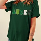 Green LUCKY Glitter Chenille Patched Crew Neck T Shirt