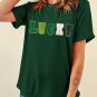 Green LUCKY Glitter Chenille Patched Crew Neck T Shirt