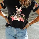 Black Easter Bunny Flower Embroidered Crew Neck T Shirt