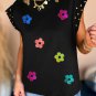 Black Shiny Flower Graphic Studded Cap Sleeve T Shirt