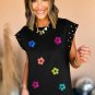 Black Shiny Flower Graphic Studded Cap Sleeve T Shirt