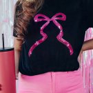 Black Sequin Bow Ribbon Graphic T Shirt