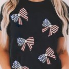 Black Sequined Flag Bowknot Graphic T Shirt
