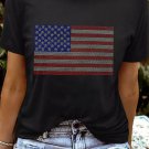 Black Rhinestone American Flag Round Neck Casual Tee