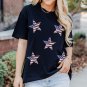 Black Sequined American Flag Star Graphic T Shirt