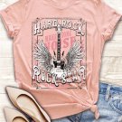 Pink Hard Rock Guitar Print Crew Neck T Shirt