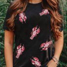 Black Sequined Crayfish Round Neck Graphic Tee
