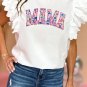 White MAMA Leopard Embroidered Layered Scalloped Sleeve Top
