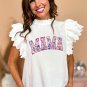 White MAMA Leopard Embroidered Layered Scalloped Sleeve Top