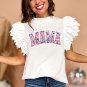 White MAMA Leopard Embroidered Layered Scalloped Sleeve Top