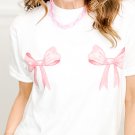 White Sweet Bow Knot Print O Neck Casual T Shirt