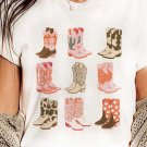 White Western Cowboy Boots Print Round Neck T Shirt