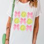 White Bow Tie Baseball Print Round Neck Casual Tee