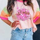 Pink Sequin Disco Ball Color Block Sleeve Graphic Tee