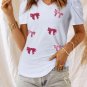 White Sequin Bow Patched Puff Sleeve T Shirt