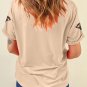 Khaki Sequined Turkey Patched Pattern Crewneck Thanksgiving T Shirt