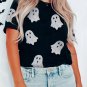 Black Glitter Ghost Pattern Crew Neck Halloween T Shirt