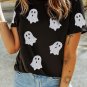 Black Glitter Ghost Pattern Crew Neck Halloween T Shirt